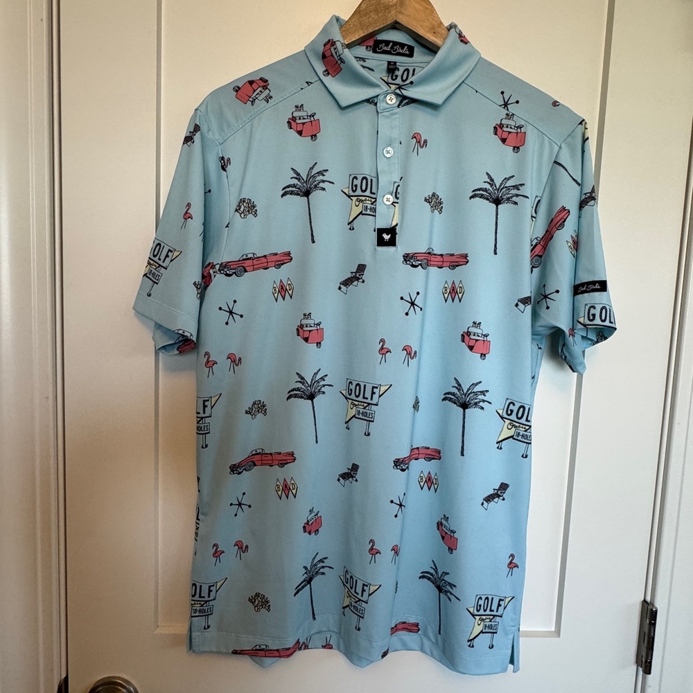 Bad Birdie Retro Blue Car Oasis Graphic Men's Core Performance Polo Medium